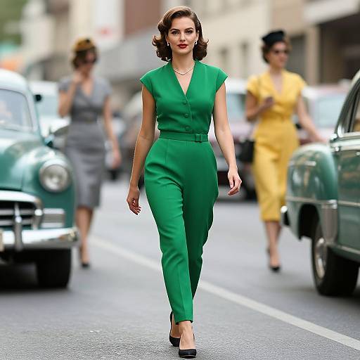 Photograph of a confident woman in a vibrant green, sleeveless, button-up jumpsuit walking down a bustling city street with vintage cars and blurred pedestrians