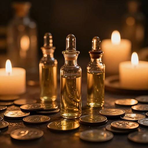 Photograph of four glass bottles with golden liquid, surrounded by lit candles and scattered coins, in a dimly lit, warm-toned setting.