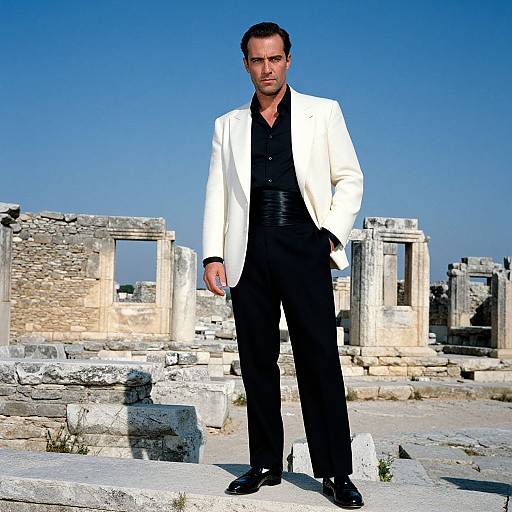 Photograph of a serious, dark-haired man in a white blazer, black shirt, and pants, standing against a clear blue sky and ancient ruins