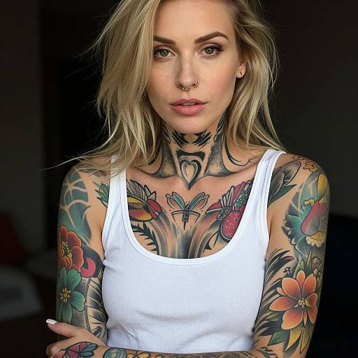 Photograph of a tattooed blonde woman with blue eyes, nose ring, white tank top, colorful arm and chest tattoos, dark background.