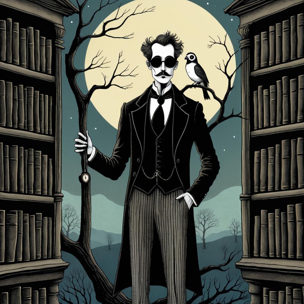 Eerie Librarian in Whimsical Art Style