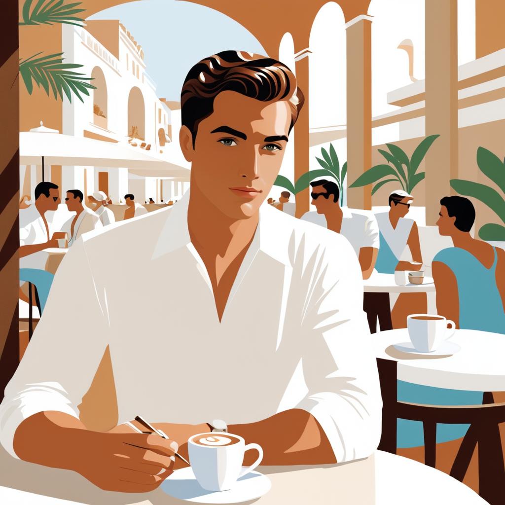 Trendy Young Man in Greek-Inspired Cafe