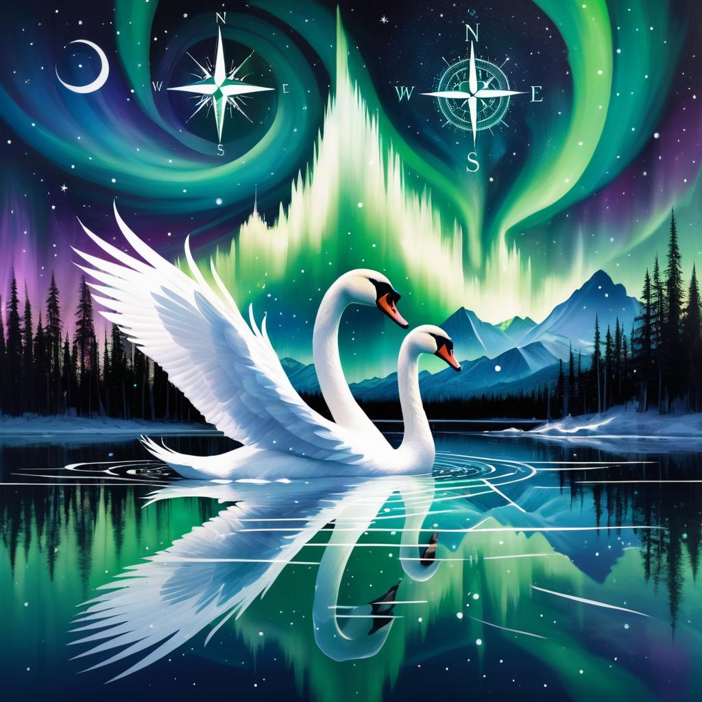 Surreal Swan-Compass Under Northern Lights