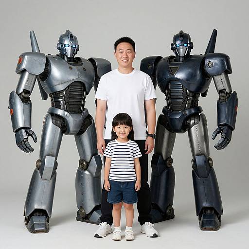 Photograph of an Asian man in a white t-shirt, standing between two large, black and silver robots, with a young boy in a striped shirt