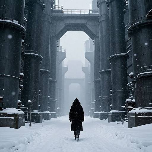 Solitary Cyberpunk Walk in Snowstorm