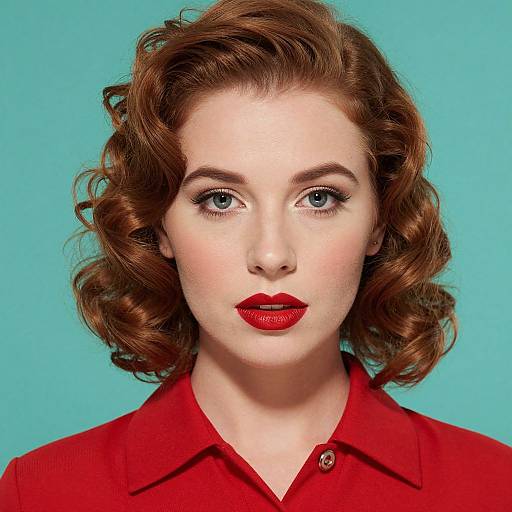 Photograph of a fair-skinned woman with vintage-style red curly hair, blue eyes, bright red lipstick, and red collared shirt, against a