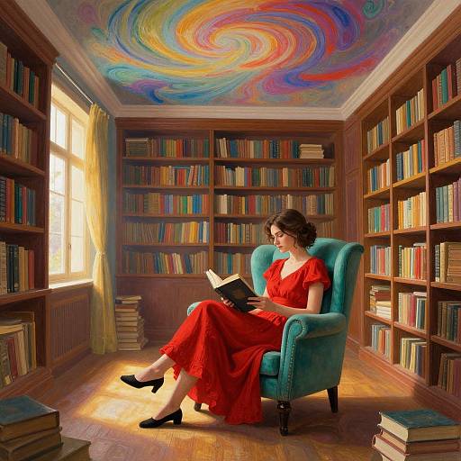Photograph of a woman in a red dress, reading a book in a vibrant, spiral-painted ceiling library with wooden bookshelves.