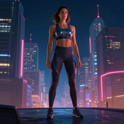 Cyberpunk night scene photograph of a fit woman with brown hair, wearing shiny black sports bra and leggings, standing confidently in front of neon-lit