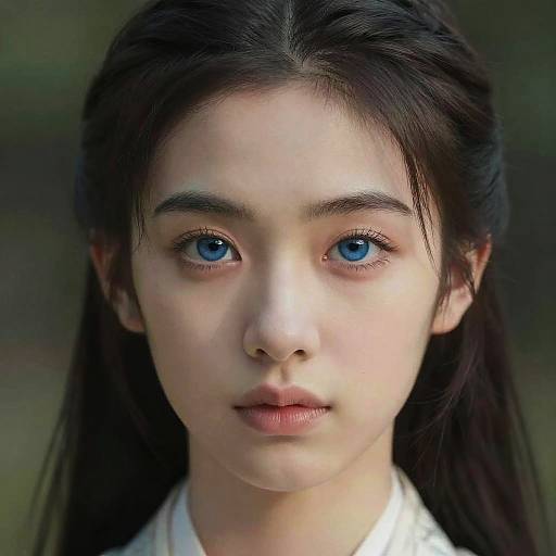 Photograph of a young Asian girl with fair skin, large blue eyes, and long dark hair, wearing a white shirt, against a blurred green background