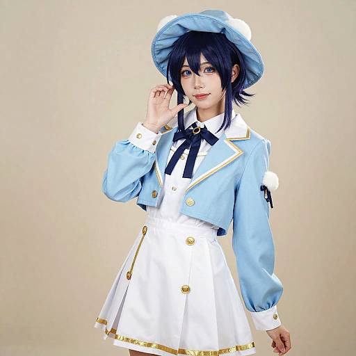 Photograph of a young woman in a blue and white cosplay outfit with a matching hat, black hair, and a gentle smile.