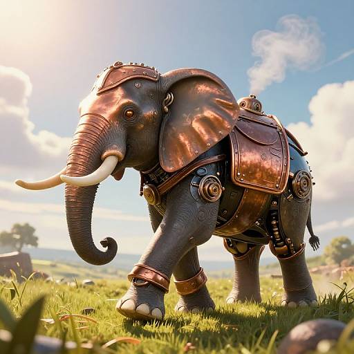 Photograph of a steampunk-style elephant with copper armor, white tusks, standing on grassy field under bright blue sky with clouds.