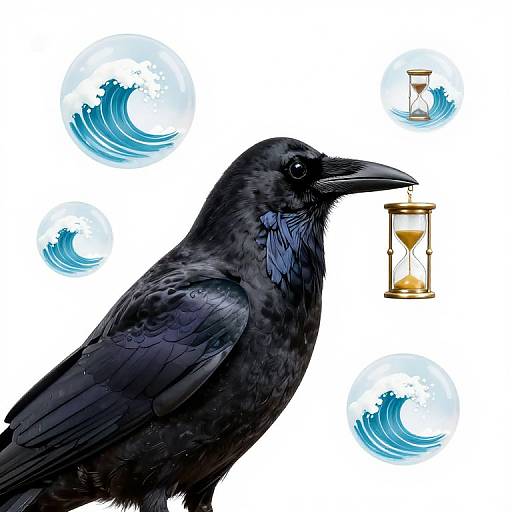 Digital illustration of a black crow holding a golden hourglass, surrounded by blue ocean waves and two smaller hourglasses.