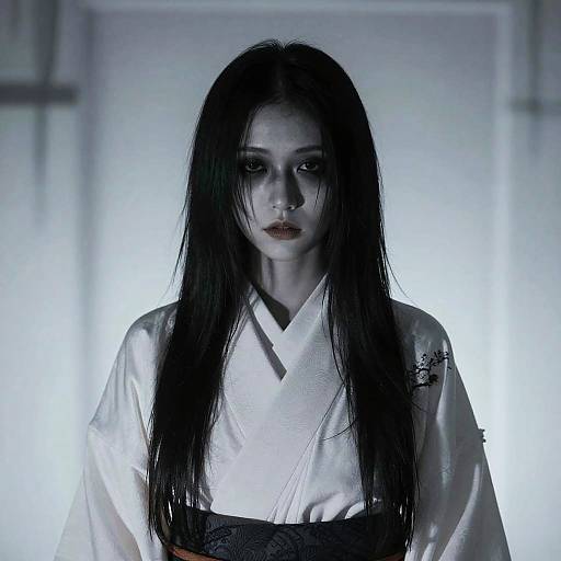 Photograph of a pale, dark-haired woman with long, wet hair, wearing a white kimono with black obi, standing against a blurred,