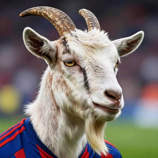Photograph of a white goat with curved brown horns, wearing a blue and red striped jersey, standing in a blurred stadium background.
