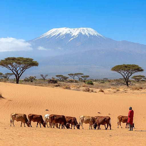 Maasai Herdsman with Cows at Kilimanjaro