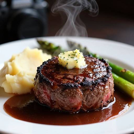 Photograph of a juicy, medium-rare steak with a melted pat of butter, creamy mashed potatoes, and asparagus, served on a white plate