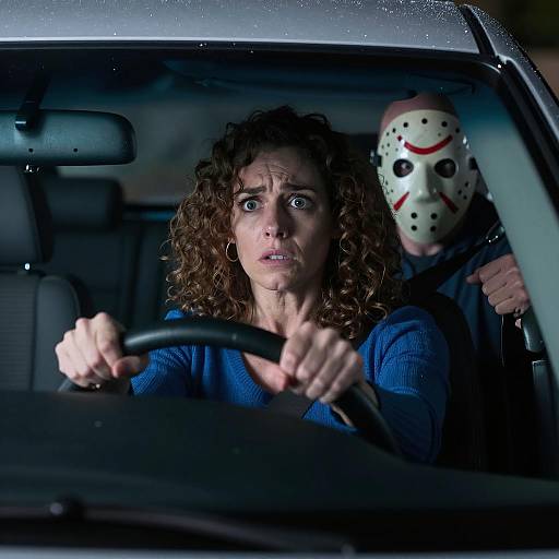 Frightened woman driving with masked passenger at night