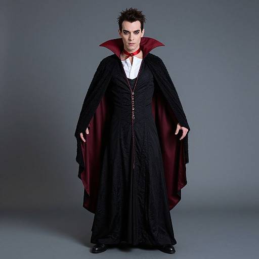 Photograph of a pale-skinned man with spiky black hair, wearing a black Victorian-style vampire cloak with red lining, white shirt, and black