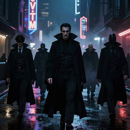 Neon-lit, rain-soaked city street; dark-clad men in long coats walk forward, intense expressions, vibrant neon signs in background,
