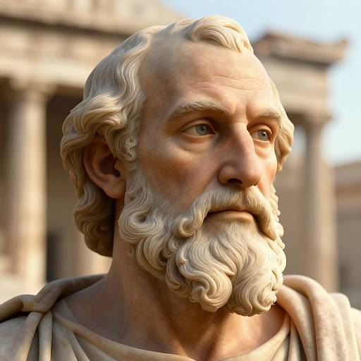 Photorealistic CGI of an ancient Greek-style marble bust of an elderly man with a long, wavy white beard and thoughtful expression, set against a