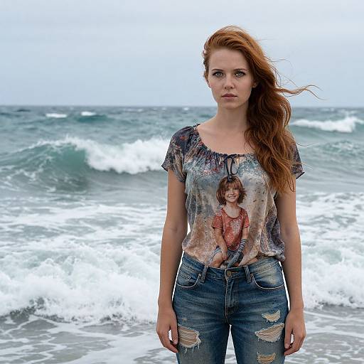 Photograph of a red-haired woman with a serious expression, wearing a tie-dye shirt with a printed image and ripped jeans, standing in front of