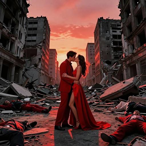 Loving Embrace Amidst Ruined City