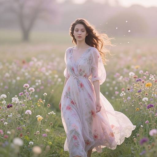 Photograph of a fair-skinned woman with long brown hair, wearing a sheer, floral dress, standing in a sunlit meadow of colorful wild