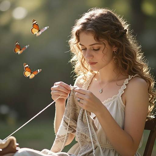Photograph of a young woman with wavy brown hair, wearing a white lace dress, sewing in sunlight, with three orange butterflies flying around her.