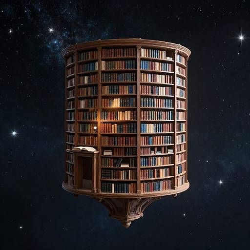 Photorealistic digital art of a cylindrical library spaceship floating in a starry space, filled with illuminated bookshelves and glowing lights.