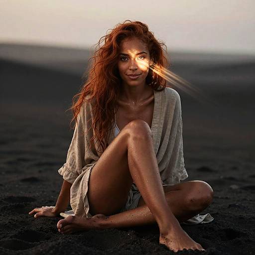 Redhead Woman Sitting in Dark Sand Dunes with Streaking Light
