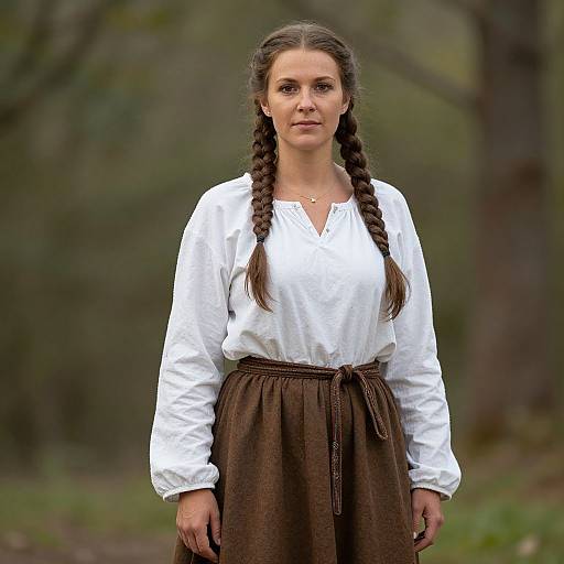 Photograph of a young woman with braided brown hair, wearing a white long-sleeve blouse and brown skirt, standing in a forest.