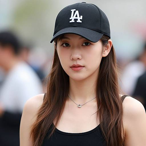 Photograph of an Asian woman with long brown hair, wearing a black LA-branded baseball cap, black tank top, and silver necklace, against a