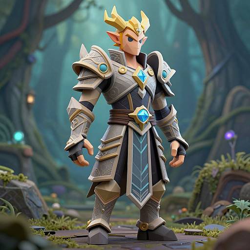 Digitally-rendered fantasy warrior with golden horns, blue glowing armor, and intricate silver details, standing in a mystical forest path.