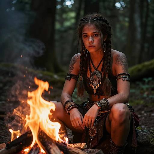 Photograph of a young woman with braided hair, tribal jewelry, and dark attire, kneeling by a bright forest campfire at night.