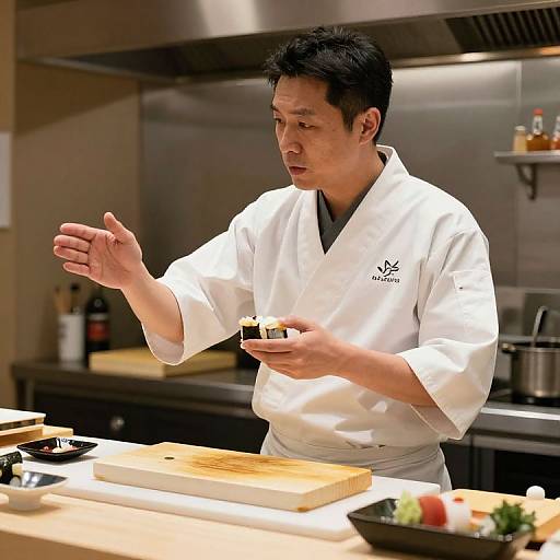 Photograph of an Asian male chef in a white uniform, preparing sushi in a modern, stainless steel kitchen, gesturing with his right hand.