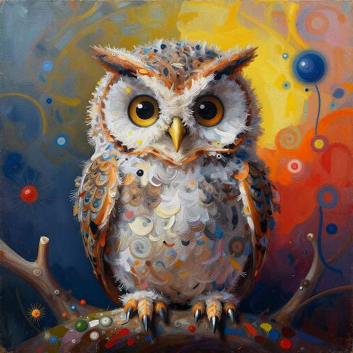 Digital painting of a vibrant, textured owl with large, expressive eyes, sitting on a branch against a colorful, abstract background of swirls and dots.
