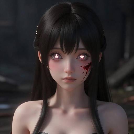 Dark Fantasy Girl with Star Eyes and Blood Mark