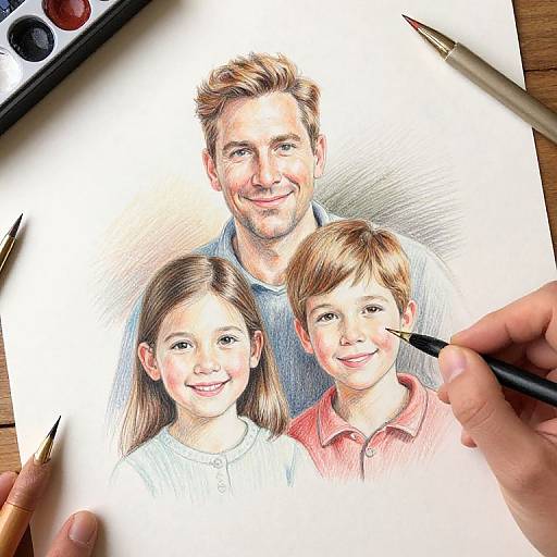Digital drawing of a smiling man with brown hair, and two smiling children, one girl with brown hair and one boy with light brown hair. Penc