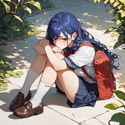 Anime Girl Sitting Outdoors in School Uniform