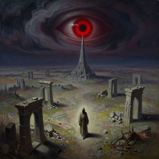 Dark, surreal digital painting: lone figure in long robe walks towards glowing red eye in stormy sky, ruins scattered around, gothic spire in