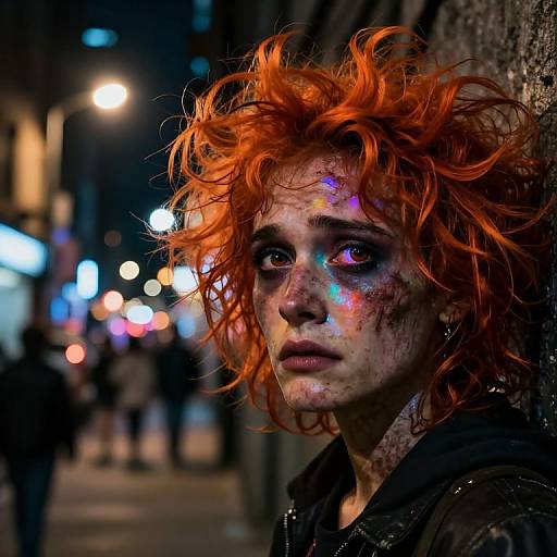 Photograph of a pale, red-haired woman with messy hair, colorful paint on her face, and a somber expression, standing against a dark,