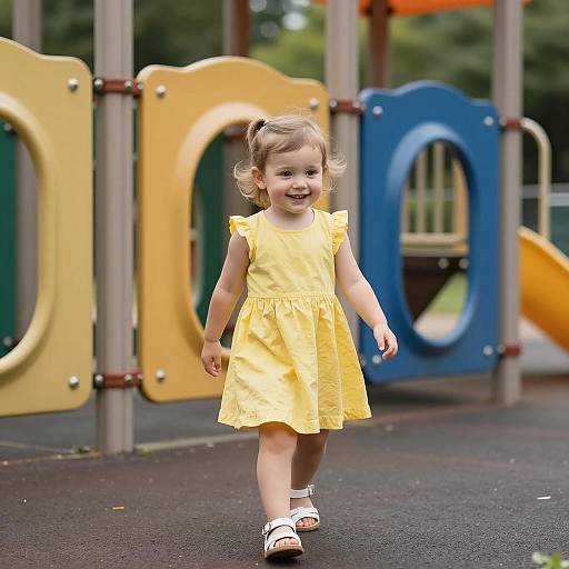 Smiling toddler girl in yellow dress at playground