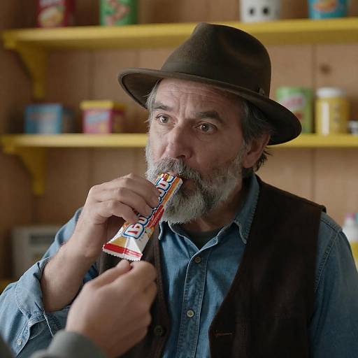 Middle-aged Man Eating Candy Bar in Rustic Shed