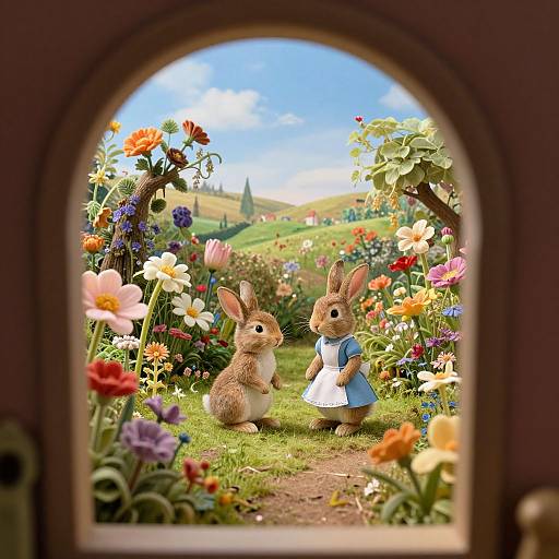 Photograph of two detailed, anthropomorphic rabbits in a vibrant, flower-filled garden seen through an archway, with one rabbit in a blue dress and