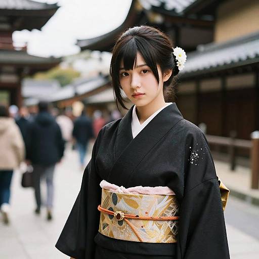 Photograph of an East Asian woman in a black kimono with a beige, floral-patterned obi, standing in a traditional Japanese street, blurred