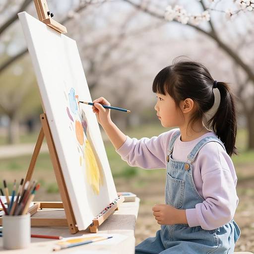 Asian Girl Painting Outdoors in Spring