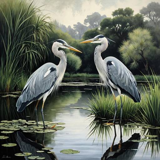 Pair of Herons in Serene Pond Pair of Herons in Serene Pond