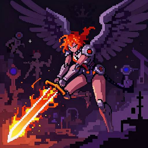 Pixel art of a red-haired angel warrior with black wings, wielding a glowing orange sword, in a dark, futuristic background.