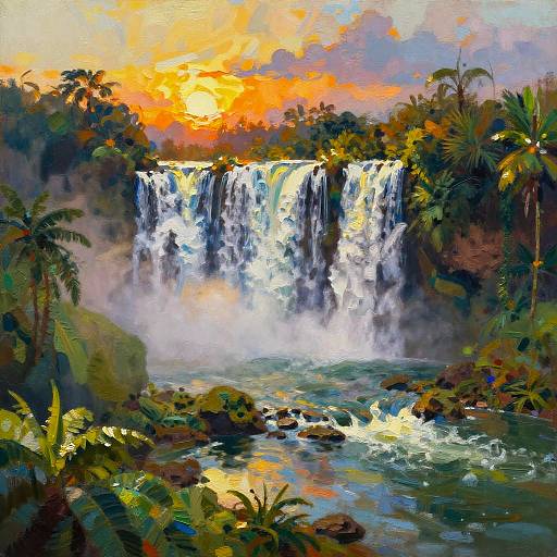 Sunset Waterfall in Lush Valley