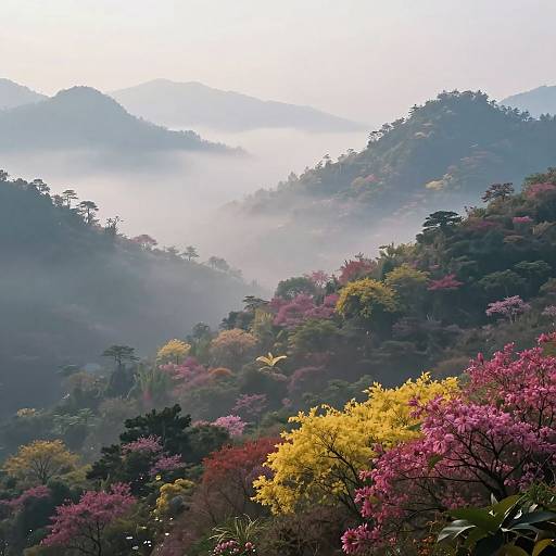 Photograph of misty mountain landscape with colorful trees in pink, yellow, and green, set against a backdrop of foggy blue hills.